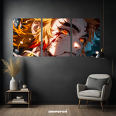 Demon Slayer tri-panel poster set by Dripster featuring close-up of character with fiery eyes and golden hair